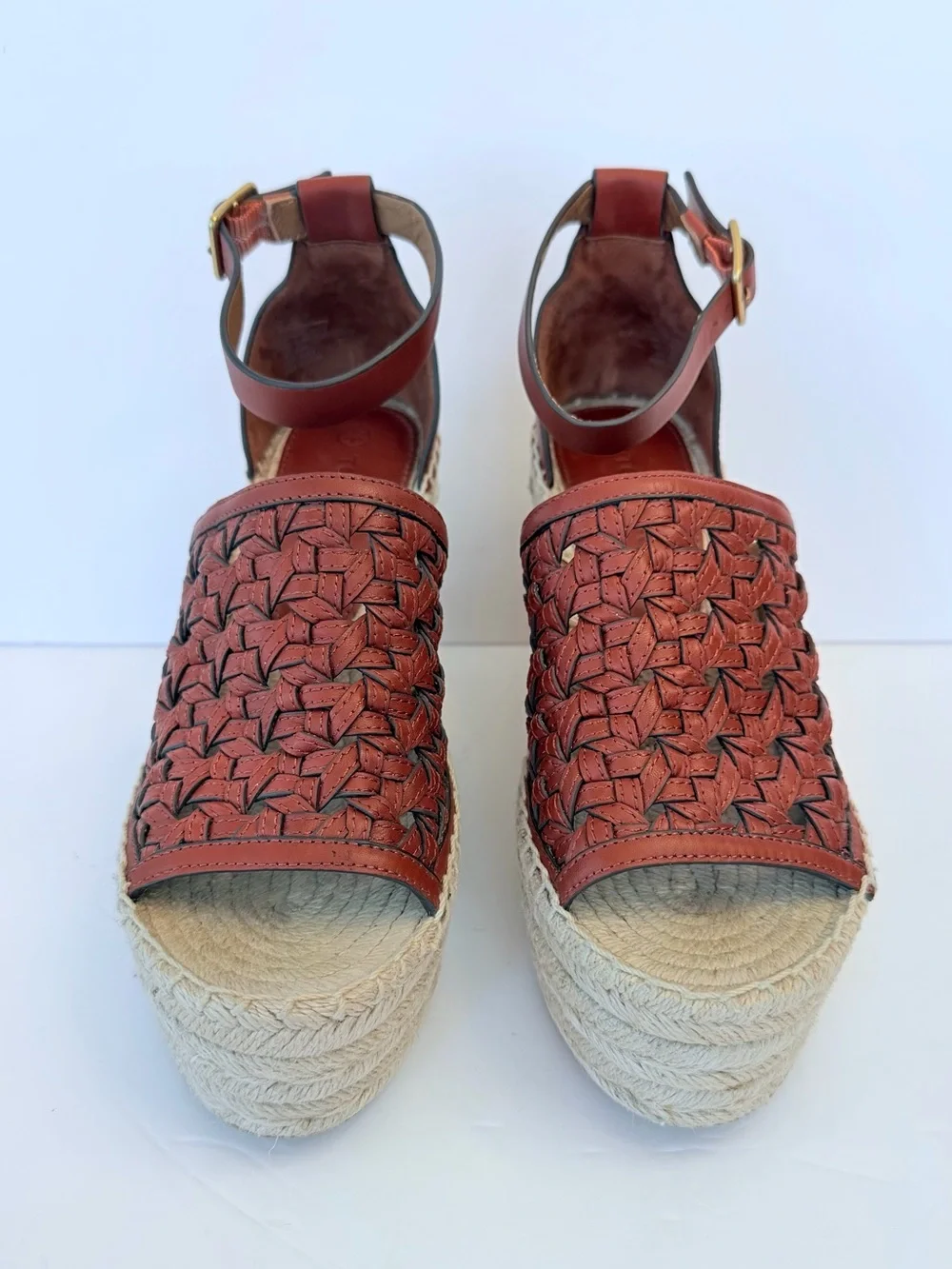 Tory Burch leather basket weave espadrille platform sandals, size 7